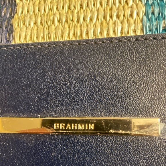 Brahmin Marlowe Navy Anguilla Straw Stripe Smooth Leather Drawstring Bucket Bag - Picture 4 of 5